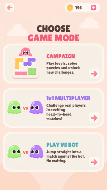 Choose game mode: Campaign, 1v1 Multiplayer and Play vs Bot.