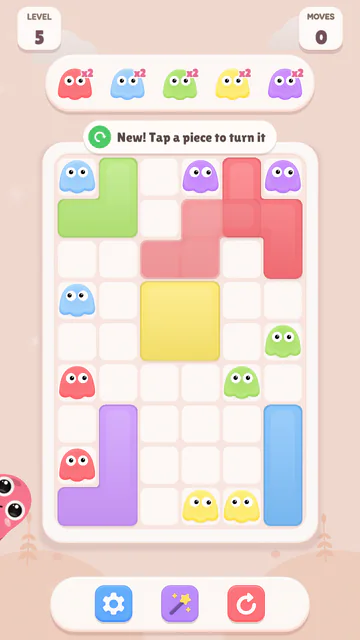 Level 5 after the turn: the red piece has turned a quarter clockwise into its new place.